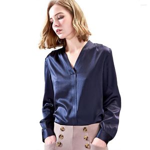 Chemisiers pour femmes Bureau Dames Pure Soie Stretch Satin Chemises Femmes Élégant Bleu Foncé Chemisier À Manches Longues Mode Col En V Mince Tempérament Tops