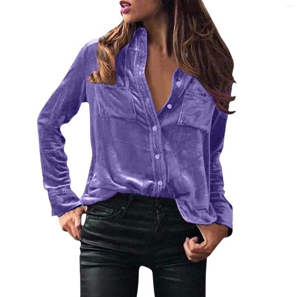 Chemisiers pour femmes bureau dames chemises hiver confortable haut chemisier velours à manches longues couleur unie chemise élégante bouton poche décontracté