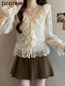 Women's Blouses Office Lady Bell Sleeve Blouse 2024 Spring Lace Patchwork Ruffled V-Neck Bow Lace-Up See-through Long Womens Tops