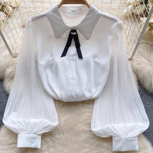 Blouses pour femmes bureau dame noeud papillon revers diamant embelli chemise en mousseline de soie blanche chemisier 2023 automne haut tendance Blusas Para Mujer