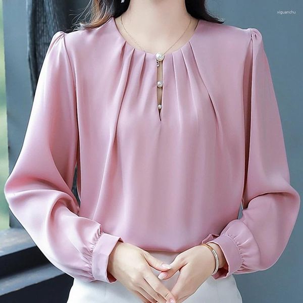 Blusas de mujer Office Lady Camisa elegante informal Mujer Cuello redondo Blusa de gasa satinada Mujer con cuello en V Manga de burbuja Top Ropa de mujer