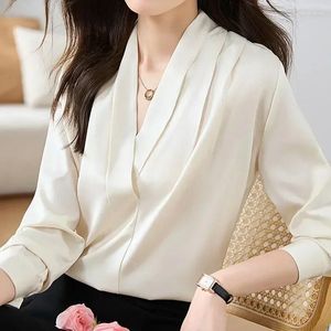 Blouses pour femmes bureau dame élégant abricot à manches longues chemises femmes automne mode col en V Satin Blouse femme vêtements hauts Blusas 29464