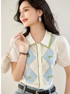 Bourse des femmes Boîtes à la chouette Lady Elegant Plaid Tricoted Splicing Shirt 2024 Fashion Summer For Women Abaissez le col Collier Sweet Tops