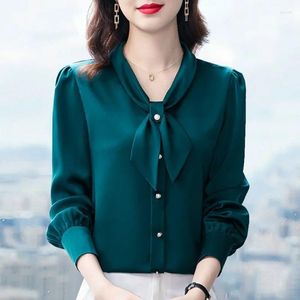 Women's Blouses Office Lady Koreaanse kleding boog elegant satijnen shirt lente zomer vrouwen mode lange mouw pullover losse casual solide