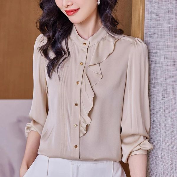 Boîtes aux femmes Bureau Lady Real Silk Shirt Spring Summer Shirts Elegant Fashion For Women Long Mank Ruffles Solid Blouse Tops