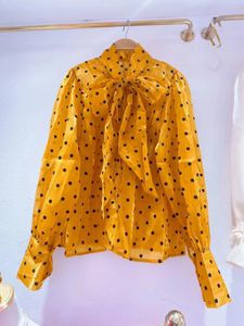 Damesblouses Kantoor Dame Retro Veters Strik Stip Chiffon Overhemden Herfst Dames Bladerdeeg Lange mouw Glas Zijde Wit 7 Kleuren Tops