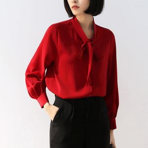 Chemisiers pour femmes Bureau Dame Chemises Formelle OL Corée Style Col Montant Tops En Mousseline Rouge Blanc Lanterne Manches Vêtements Tempérament Femmes