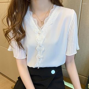 Women's Blouses Office Lady Shirts Summer V-Neck Chiffon Blouse Women White Tops 2023 Vrouw korte mouw vrouwelijke kleding elegante blusa's