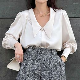 Women's Blouses Office Lady Silk Blouse Tops Loose Fashion Blusas Vintage V-Neck Satin Shirt Women Casual Hoge kwaliteit lange mouw 24316