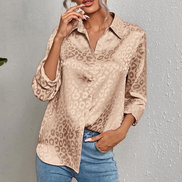 Blusas de mujer Oficina Señora Tops Manga larga Leopardo Jacquard Blusa Turn Down Collar Botón Camisa Otoño Moda Elegante 2024 Primavera