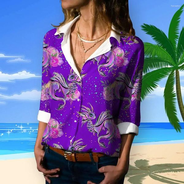 Boulons pour femmes chemises à manches longues Summer Femme Elegant Laple Bouton Up Purple imprimé Blusas Loose Blusas Tops Mujer Blouse