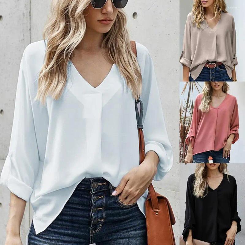 Vrouwen Blouses Kantoor Shirts Voor Dames 2024 Zomer Vrouwen Mode Lange Mouw Gesp V-hals Shirt Effen Kleding Top