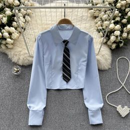 Chemisiers pour femmes Ol élégant chemise sociale Vintage chemisier avec cravate femmes mode coréenne à manches longues haut court en mousseline de soie chemises goutte