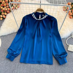 Women's Blouses ol Professional Elegant Satin Shirt Lange Mouw Spring en Autumn Vintage Wood Ear Rand Kralen Top vaste kleur