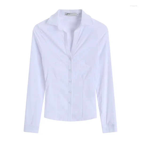 Blouses pour femmes Style OL blanc à manches longues chemise mince printemps automne Chic jeune fille Sexy Slim Fit col polo T-shirt à boutonnage simple