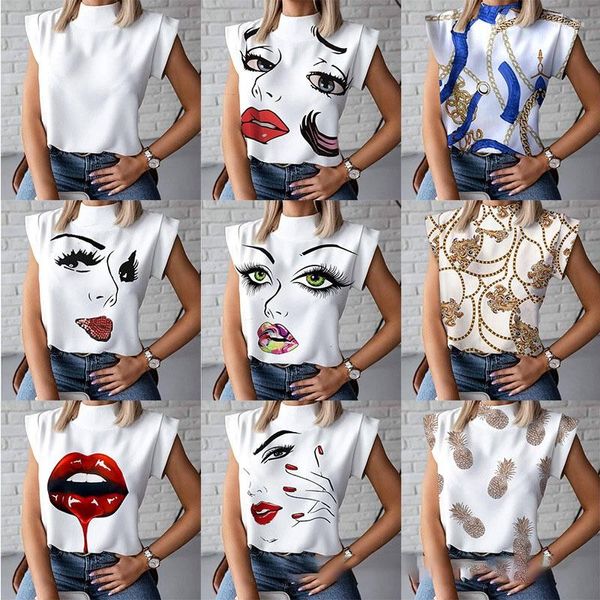 Blusas de mujer OMILKA Labios rojos Impreso Camisa elegante 2023 Verano Mujeres Stand Neck Pullover Tops básicos Cute Eye Blusa de manga corta