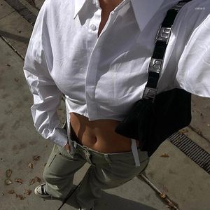 Dames blouses omsj zomer mode streetwear asymmetrische witte button up shirt vrouwen casual solide lage mouw down kraag sexy gewas