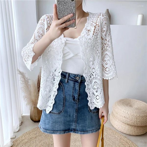 Chemises de chemisiers à crochet à crochet à crochet à front ouvert Cardigan Femme Summer Summer Femmes Holiday Place Shrug Style coréen Elegant Ladies Hollow Out Out