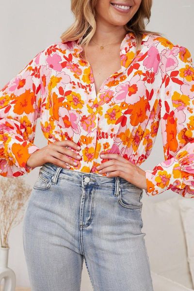 Blusas de Mujer naranja Floral obispo manga camisa con botones blusa Mujer otoño primavera Casual camisetas suaves Mujer Harajuku Mujer Top