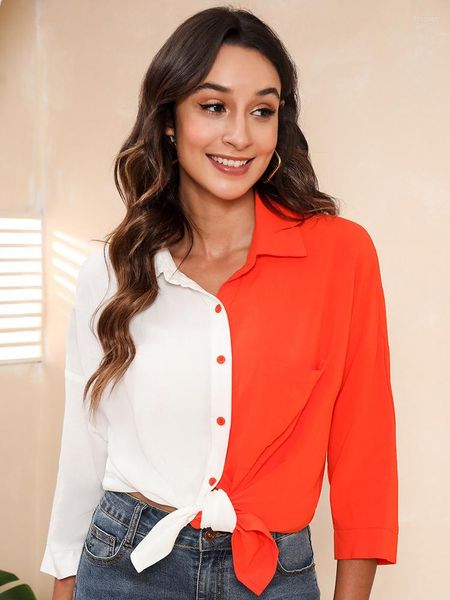 Chemisiers pour femmes Orange Blanc Couleurs mélangées Chemises pour femmes Col polo Manches trois-quarts Tops Mode élégante Commute Office Lady Outfit