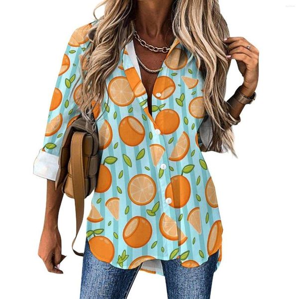 Blusas de mujer, blusa holgada con estampado de naranjas, blusa holgada básica de frutas de gran tamaño para mujer, camisa Kawaii de manga larga, Top personalizado de primavera