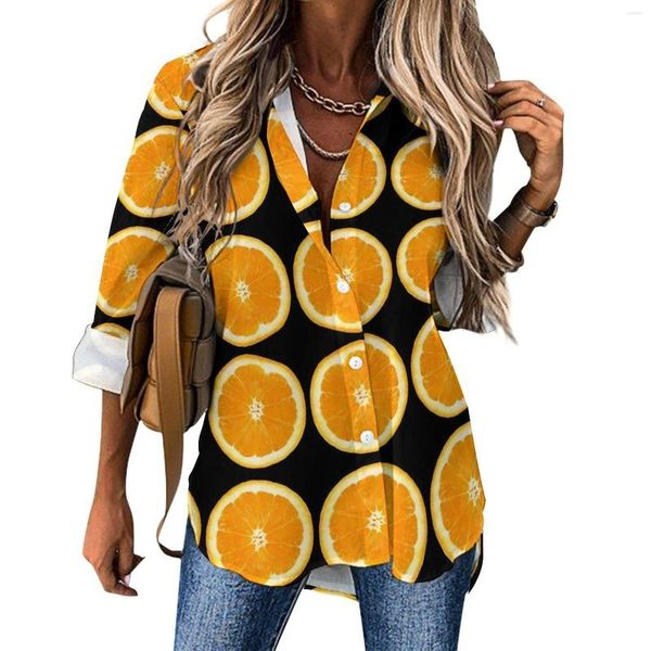 Blouses Femme Oranges Tranches Chemisier Femme Fruits Imprimer Casual Lâche Automne Manches Longues Kawaii Chemise Graphique Vêtements Grande Taille 2XL 3XL