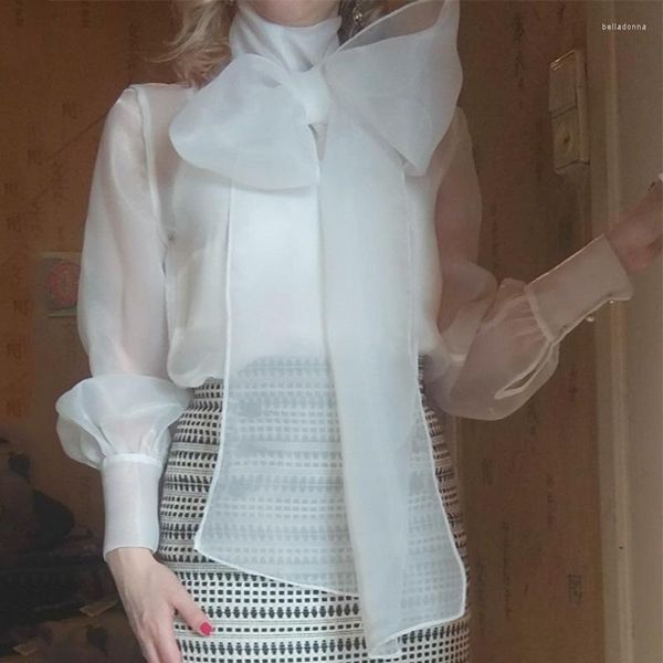 Blusas de mujer Organza Sólido Blusa de manga larga para mujer Pajarita con cordones Cuello alto Perspectiva Camisas Negro Blanco Tamaño S-L