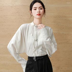Women's Blouses Oriental Aesthetics Women Refinement Qipao Shirt Glossy Silk Dark Floral Patroon Jacquard Tops Boven-kleding Han-stijl