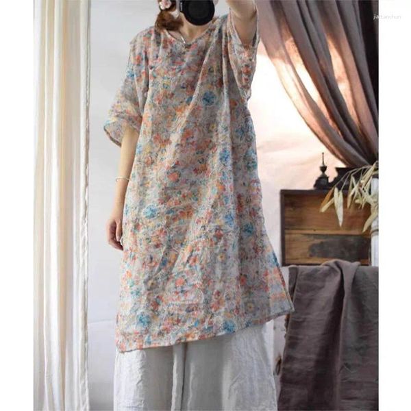 Blouses pour femmes originales chinoises rétro zen robe Femme Summer Ramie imprimé amélioré Style National Vintage Femme