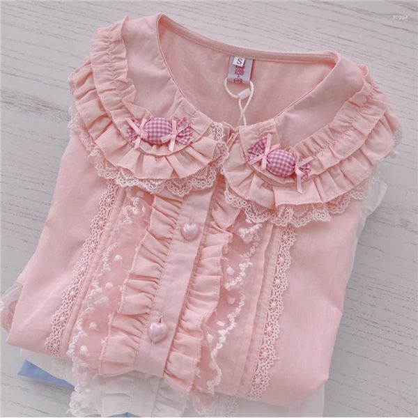 Blusas para mujeres Diseño original de 2023 chicas blandas japonesas Lolita Precioso vestido con mangas cortas debajo de la parte superior de la camisa blanca rosa