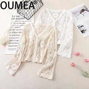 Dames blouses oumea dames katoenen haak vesten stevige kleur bloemen patroon strand bedekbuien knoppen voorste lange mouw casual blouse