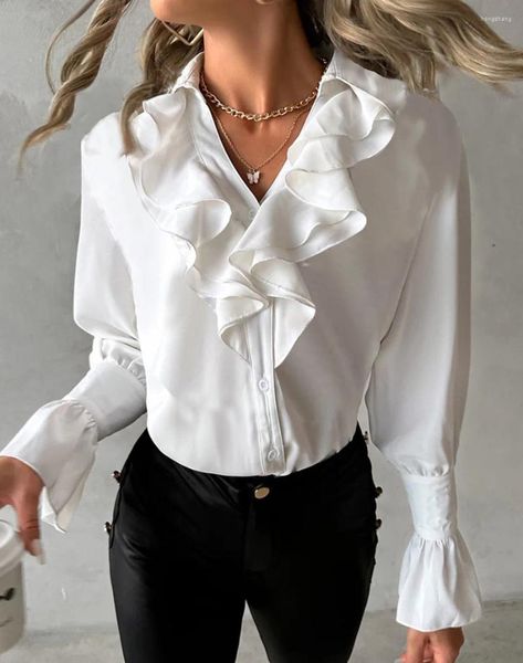 Blusas de mujer OUSLEE, camisa elegante con volantes, moda, manga de pétalo, cuello en V, blusa larga blanca para primavera y otoño para oficina, Tops para mujer