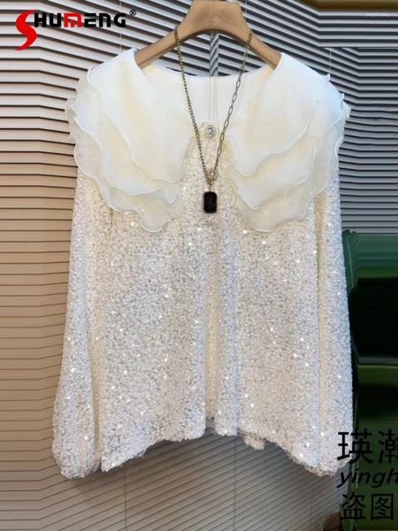 Blouses pour femmes sur les vêtements de taille 2024 Fashion printemps collier Sweet Doll Collier à paillettes chemises de dentelle à fond les hauts féminins tendance