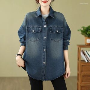 Damesblouses Oversize 2024 herfstoverhemd Denim shirts Dames Wild Casual tops met lange mouwen