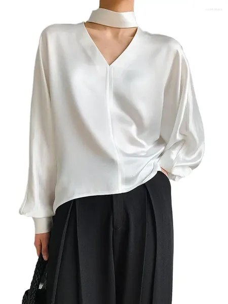Blusas De Mujer Camisa De Satén De Ácido Acético Informal De Moda para Mujer De Gran Tamaño Blusa De Seda Artificial con Cuello En V Cómoda Y Elegante Tops Blanco Caqui