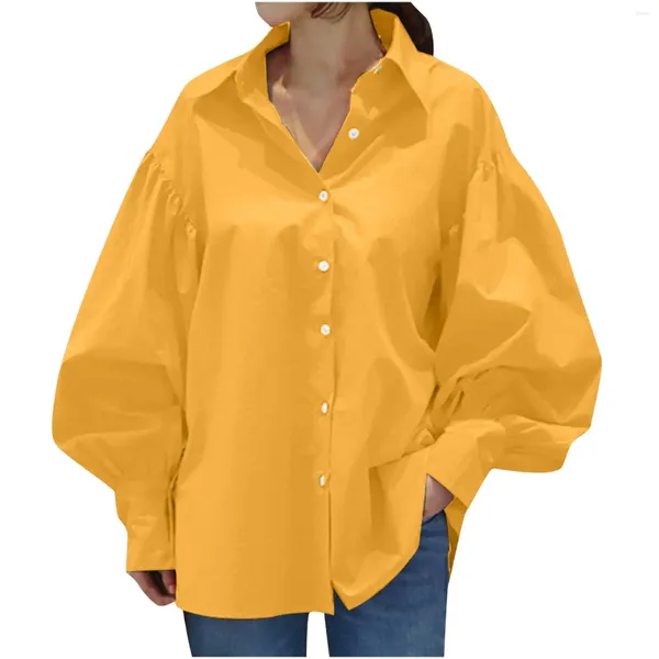 Chemisiers pour femmes surdimensionnés chemises boutonnées pour femmes col lanterne manches longues couleur unie Baggy décontracté formel travail chemisier t-shirt