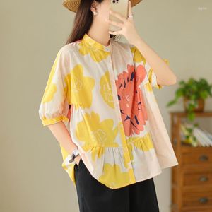 Chemisiers pour femmes surdimensionné chemise imprimée florale été ample plissé épissé poupée hauts Cardigans à simple boutonnage dames Blusas