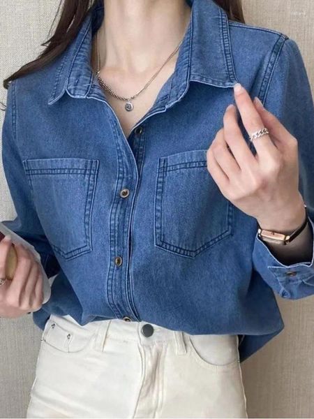 Blusas de mujer Camisa vaquera vintage de gran tamaño para mujer Primavera Otoño Cárdigan de manga larga coreano Abrigo de mujer Casual Versátil Tops azules