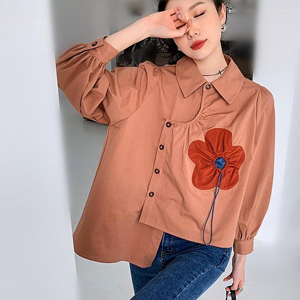 Blusas de mujer de gran tamaño para mujer, camisas con apliques de flores irregulares para mujer, bonitas blusas de fiesta Ins Chic para mujer joven NS366