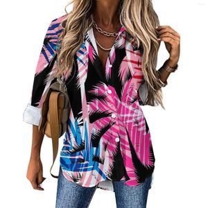 Damesblouses Palmbomen Tropische losse blouse Roze en blauw Streetwear Oversize dames Esthetisch shirt met lange mouwen Zomerontwerp Tops