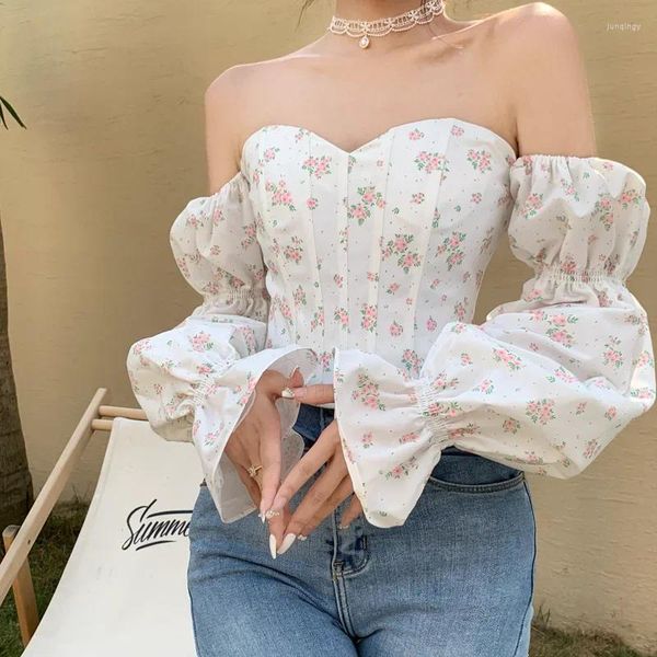 Blouses pour femmes Party Floral Sexy Tops Summer sans bretelles Design français Mini Sweet Shirt Puff Sleeve coréen CORSET CORSET TOP