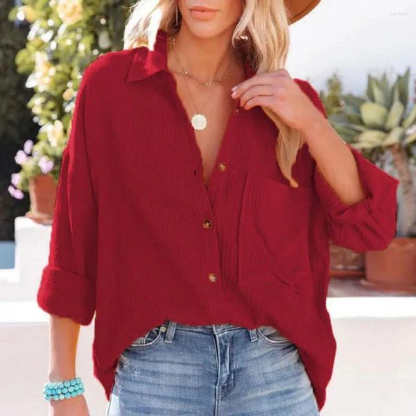 Blouses pour femmes Patch Pocket Top Soft Femmes Blouse à revers respirante Ajustement en vrac Couleur continue à manches longues décontractées pour l'automne / printemps