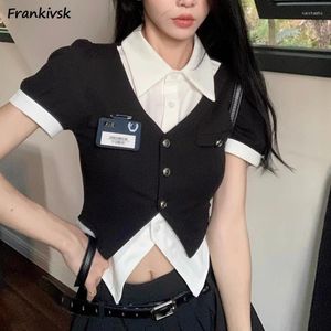 Blouses pour femmes Patchwork Shirts Femmes à manches courtes Slim Preppy Coll-down Crops Tops Summer Trendy Partager Corée de style coréen