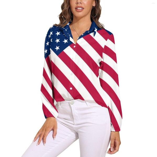 Blouses pour femmes Chemisier drapeau américain patriotique femmes étoiles et rayures imprimé décontracté ample à manches longues chemise mignonne conception vêtements grande taille