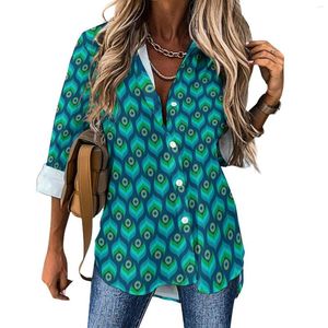 Blusas de mujer Blusa de plumas de pavo real Mujer Ropa informal con estampado de animales Camisa holgada de primavera de manga larga para trabajo de oficina Tops talla grande 2XL 3XL