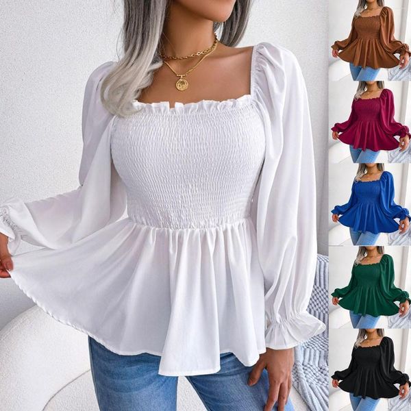 Blusas de mujer Falda adornada con perlas Tops de mujer con cuentas Casual Cuello cuadrado Manga larga Árbol blanco Gasa Camisa con botones pequeños Mujer