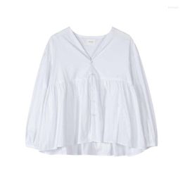 Blouses pour femmes peut-être U femmes Beige blanc col en v manches lanterne longue ample solide plissé Blouse chemise printemps été B0498