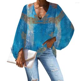 Blusas de mujer Patrón de pintura al óleo personalizado Azul Granate Blusa de gran tamaño Camisa de manga larga suelta informal Tops Más cuello en V Playa de vacaciones