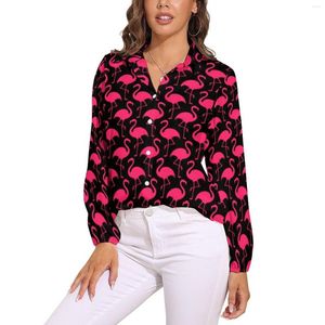 Blouses Femmes Rose Flamants Motif Blouse Lâche Mignon Animal Imprimé Rue Mode Surdimensionné Femmes À Manches Longues Chemise De Bureau Haut Personnalisé