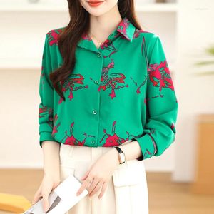 Blouses pour femmes chemises à fleurs roses femmes français Chic imprimé chemise verte à manches longues